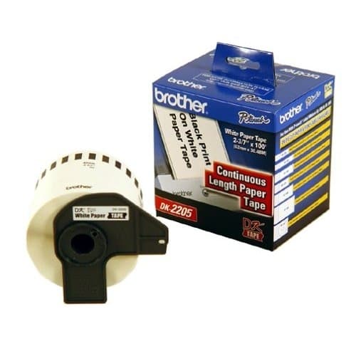 BROTHER Etiqueta blanca continua de papel Brother DK2205 de 62 mm de ancho x 30.4 mts de largo. Impresión en negro. QL800 / QL810W / QL1110NWB.