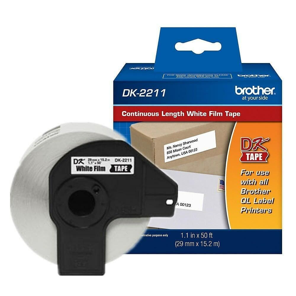 BROTHER Etiqueta blanca plástica continua no laminada Brother DK2211 de 29 mm de ancho x 15.2 mts de largo. Impresión en negro. QL800 / QL810W / QL1110NWB.