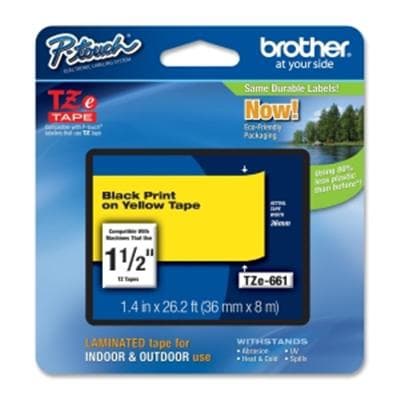 BROTHER Etiqueta amarilla continua laminada Brother TZE661, de 36 mm de ancho x 8 mts de largo. Impresión en negro.