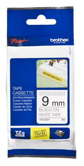 BROTHER Etiqueta blanca continua laminada con adhesivo super resistente Brother TZES221, de 9 mm de ancho x 8 mts de largo. Impresión en negro.