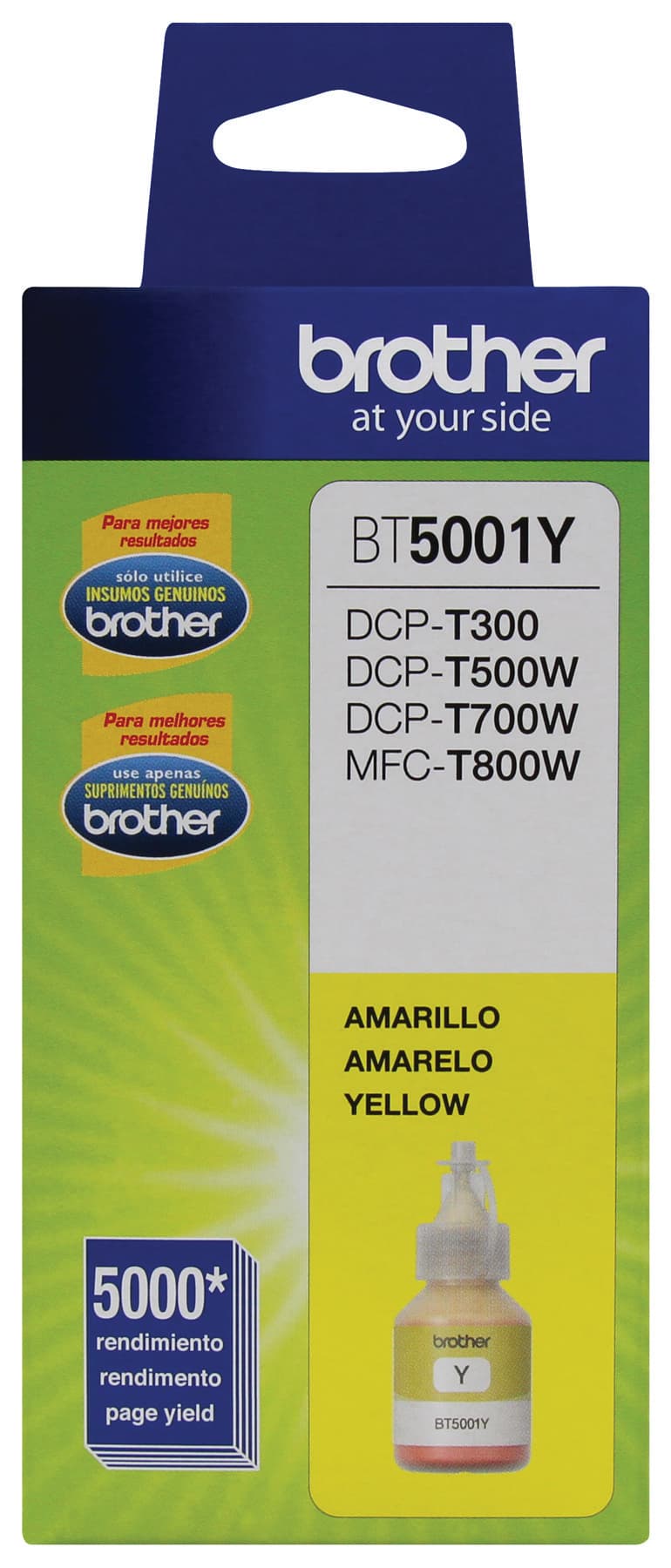 BROTHER Botella de tinta Brother BT5001Y amarillo, rendimiento aproximado 5,000 páginas, compatible con DCPT220, DCPT520DW, DCPT720DW, MFCT920DW