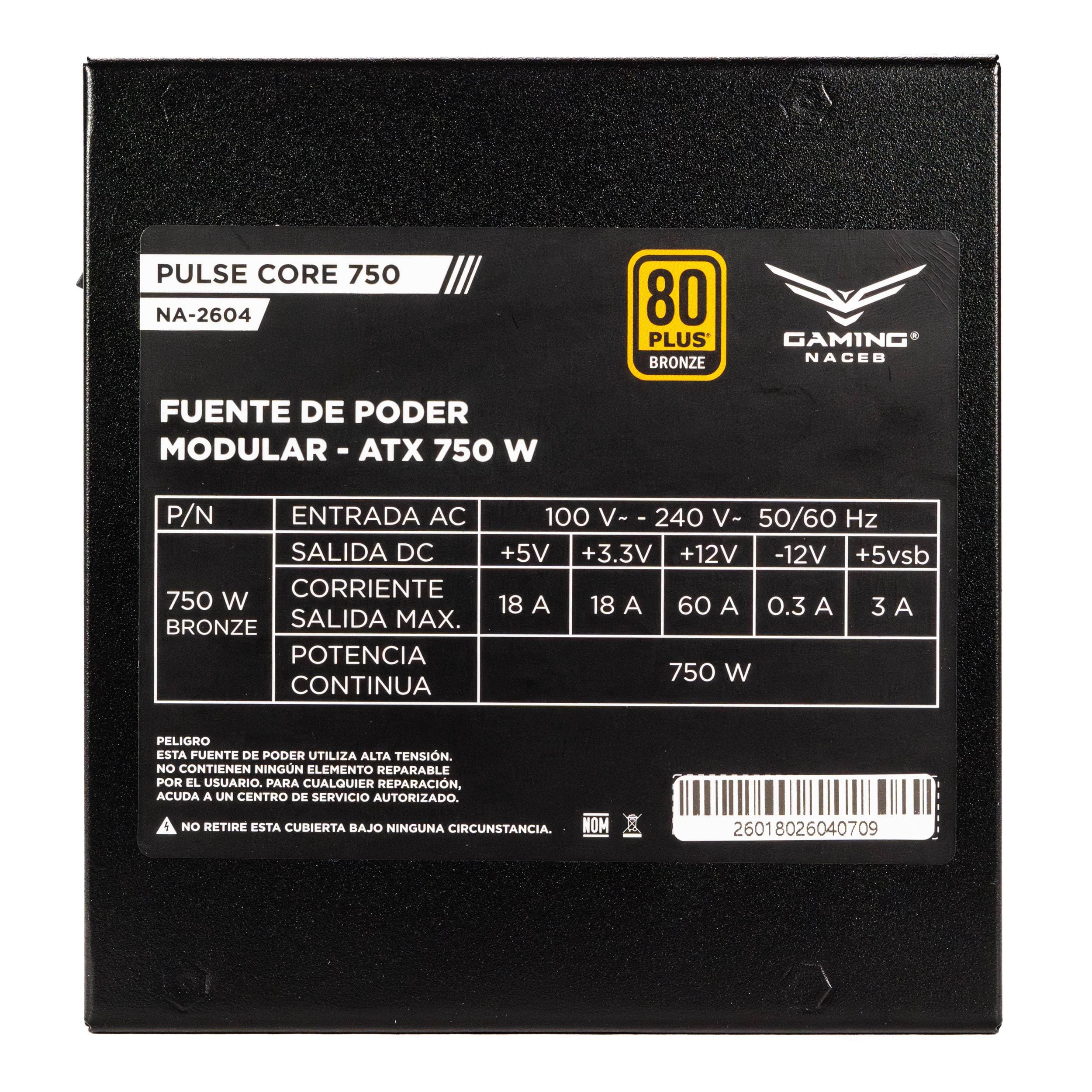 Naceb Gaming Fuente de poder Pulse Bronze NA-2604 Potencia de 750W (650W reales), Certificación 80 Plus Bronze con eficiencia de 95%, Compatible con Windows y Mac