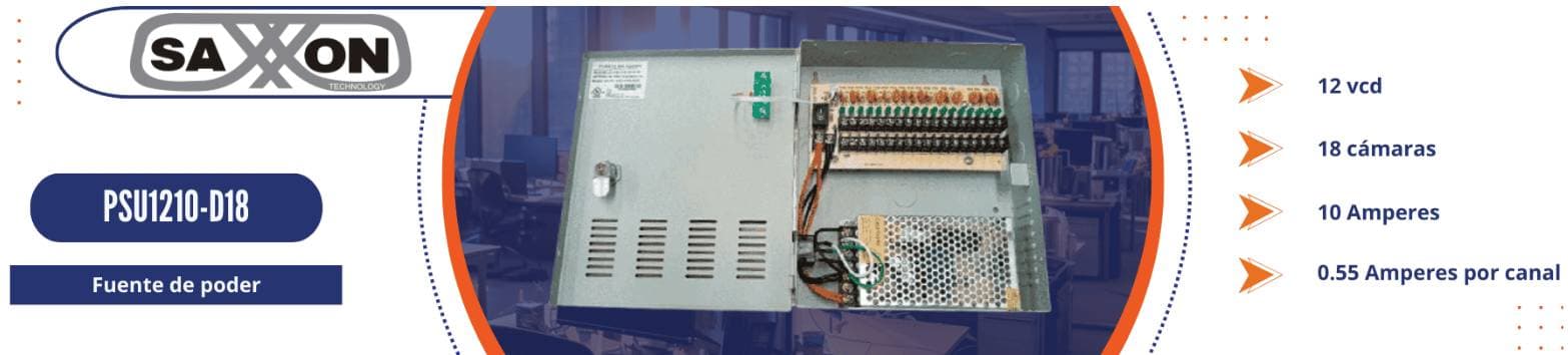 SAXXON SAXXON PSU1210D18 - Fuente de Poder de 12 vcd/ 10 Amperes/ Para 18 Camaras/ 0.55 Amperes por Canal/ Protección contra Sobrecargas/ Certificación UL