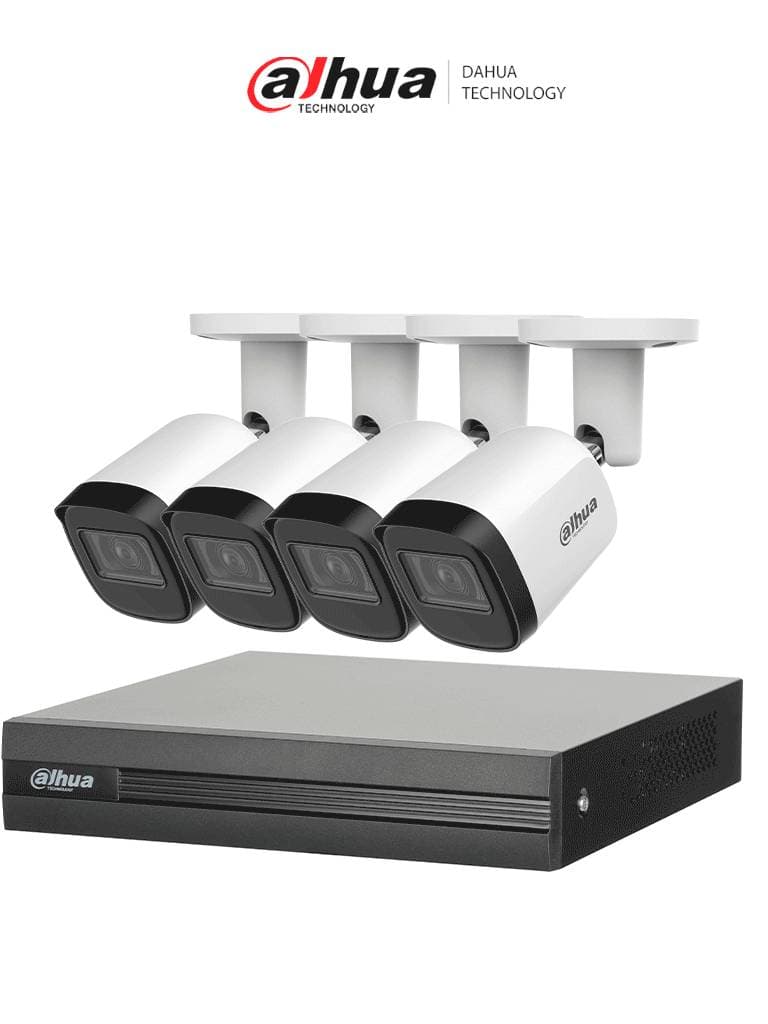 Dahua Technology Kit DAHUA KITXVR1B04H-I4B2A51-U - Kit de 4 Cámaras metálicas 5 MP Lente de 2.8mm y un DVR Cooper-I WizSense, 4 Canales + 1 IP o Hasta 5 Canales IP