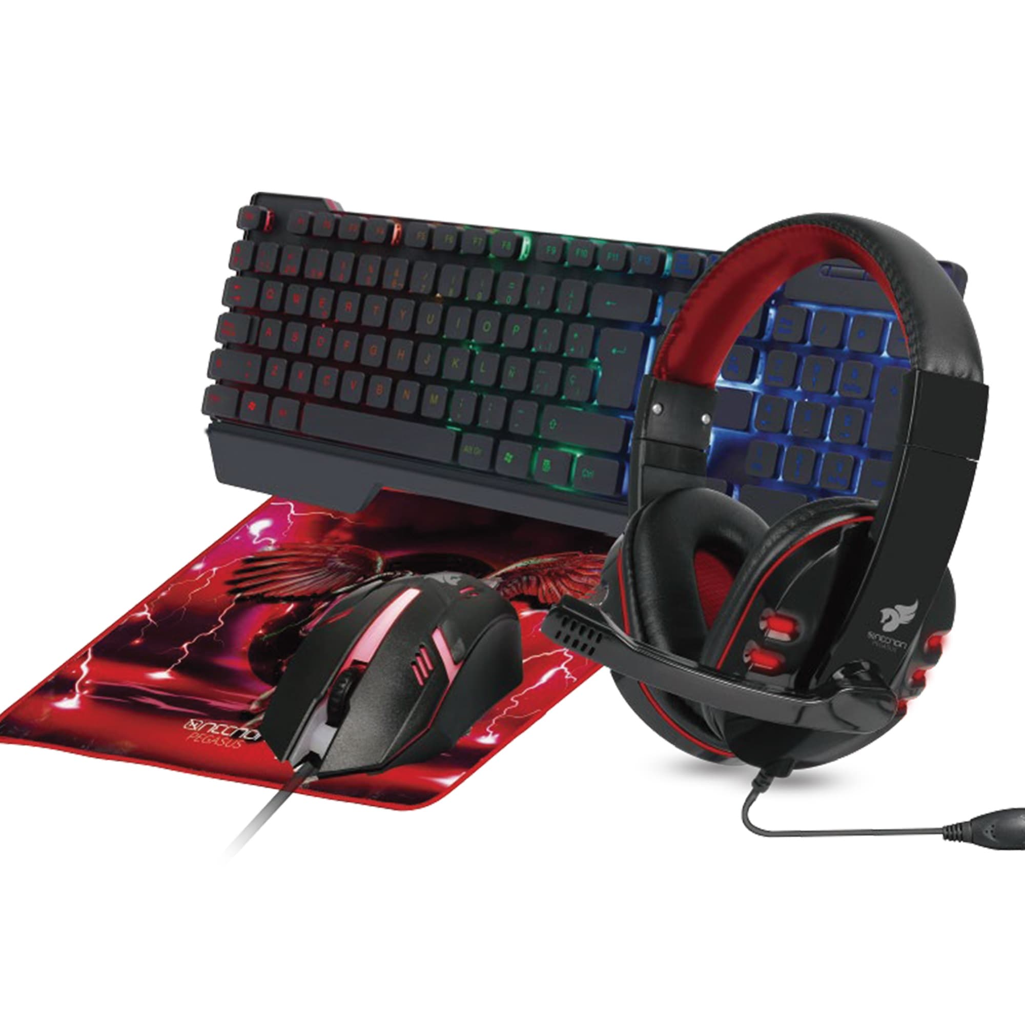 NECNON KIT GAMING 4 EN 1 NGC-PEGASUS AUDIFONOS LED TECLADO 104 BOTONES MOUSE 3 BOTONES 1000DPI MOUSEPAD ROJO