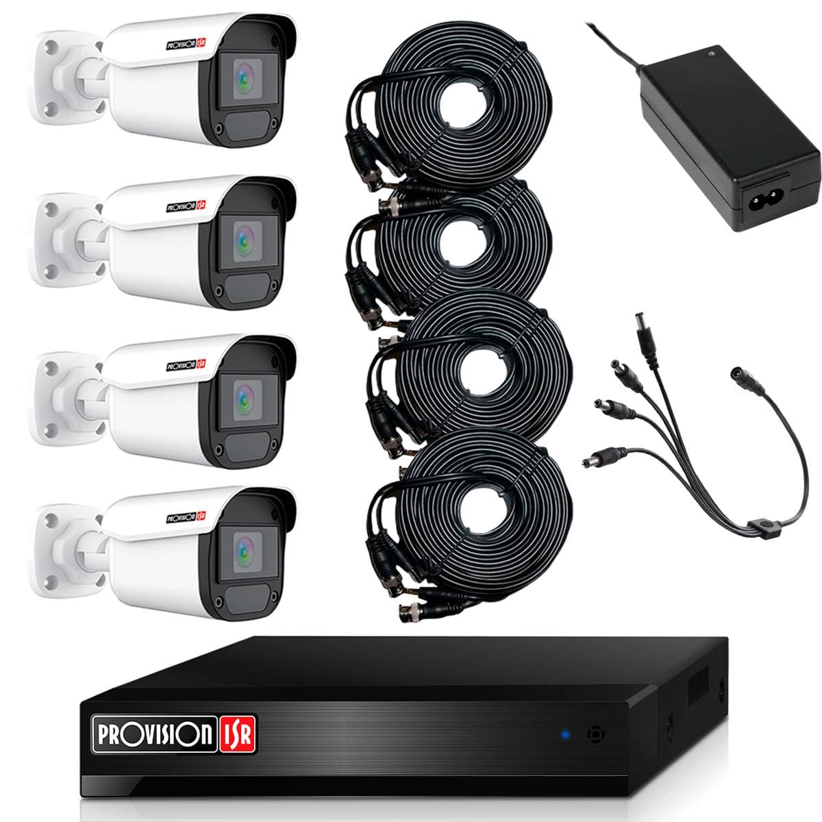 PROVISION-ISR KIT de Videovigilancia de 4 cámaras de 2 MP Policarbonato, 4 cables siamés de 20 metros, fuente de 12V/3A, pulpo de 4 salidas, No incluye HDD