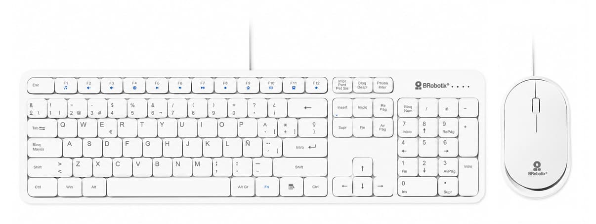 BROBOTIX KIT TECLADO Y MOUSE USB ALÁMBRICO ULTRASILENCIOSO MULTIMEDIA, BATERIA RECARGABLE, COMPATIBLE CON WINDOWS, IOS Y LINUX, BLANCO, 6008010 BROBOTIX