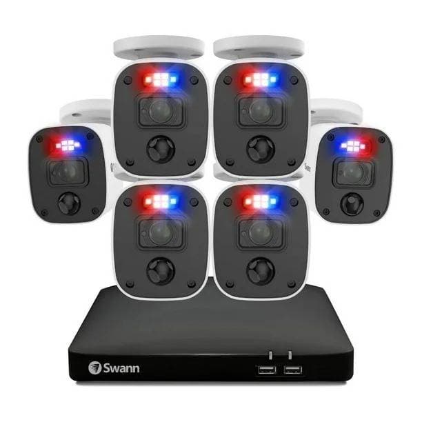 SWANN KIT DVR 6 CAMARAS DVR-4680 SWANN Sistema de seguridad 8 Canales, 6 Camaras con audio, Luces intermitentes rojo y azul, Sensor de Luz