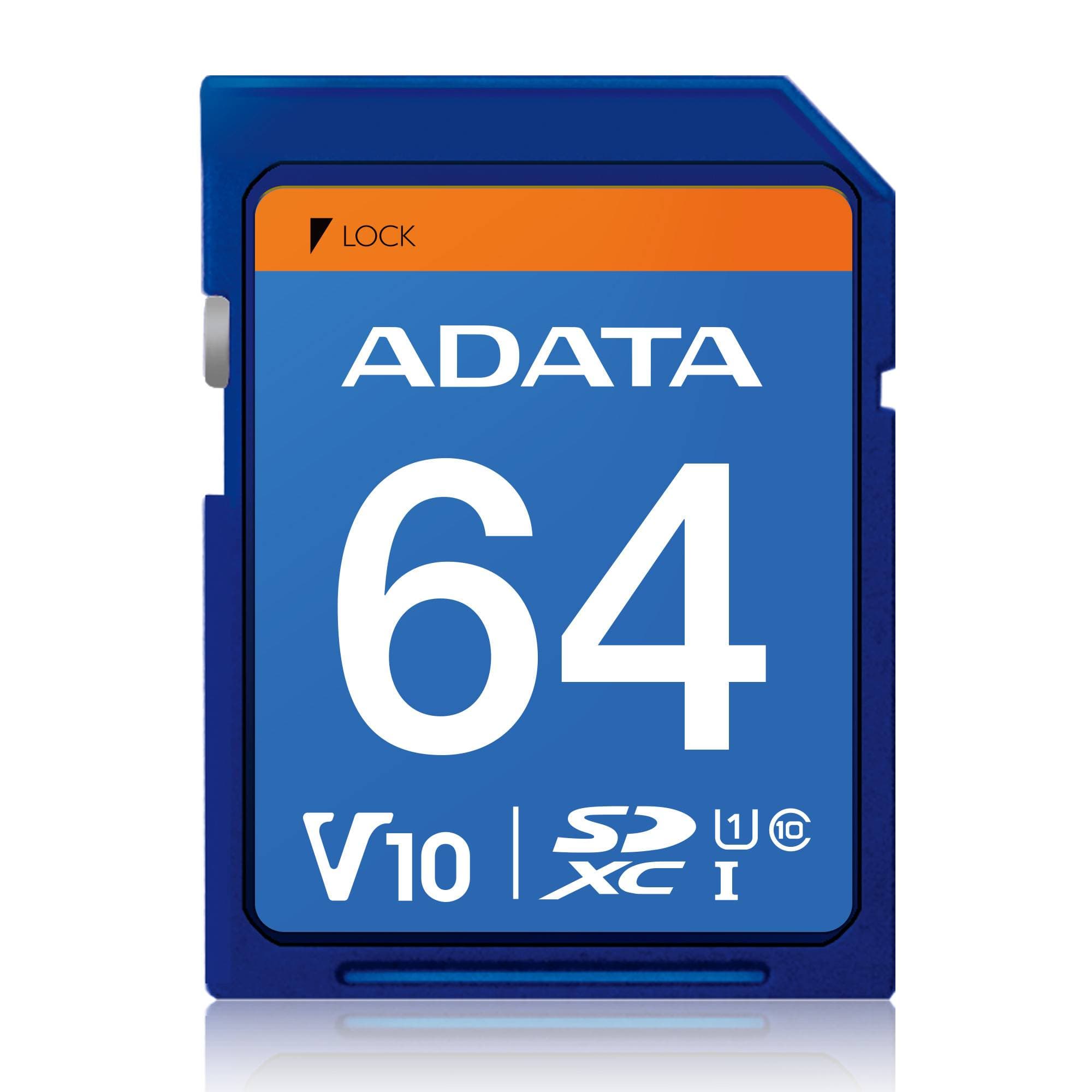 ADATA Memoria SD (SDXC) 64GB ADATA CLASE 10 (V10), Velocidad hasta 100MB/25MB por seg. ASDX64GUICL10-R