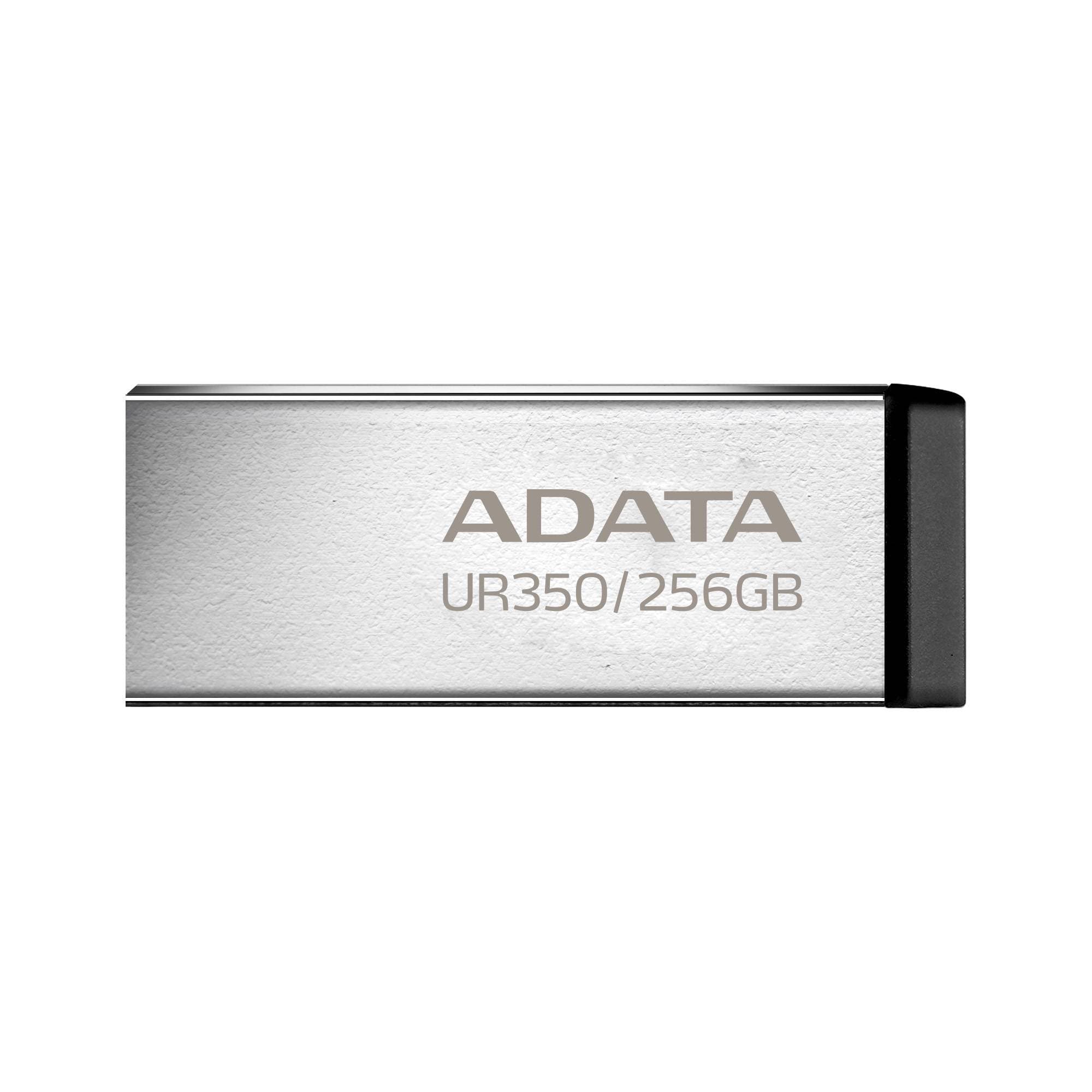 ADATA Memoria USB de 256GB UR350 3.2 Gen 1 (retrocompatible 3.0 y 2.0), diseño elegante sin tapa. Color Metálico, negro. UR350-256G-RSR/BK