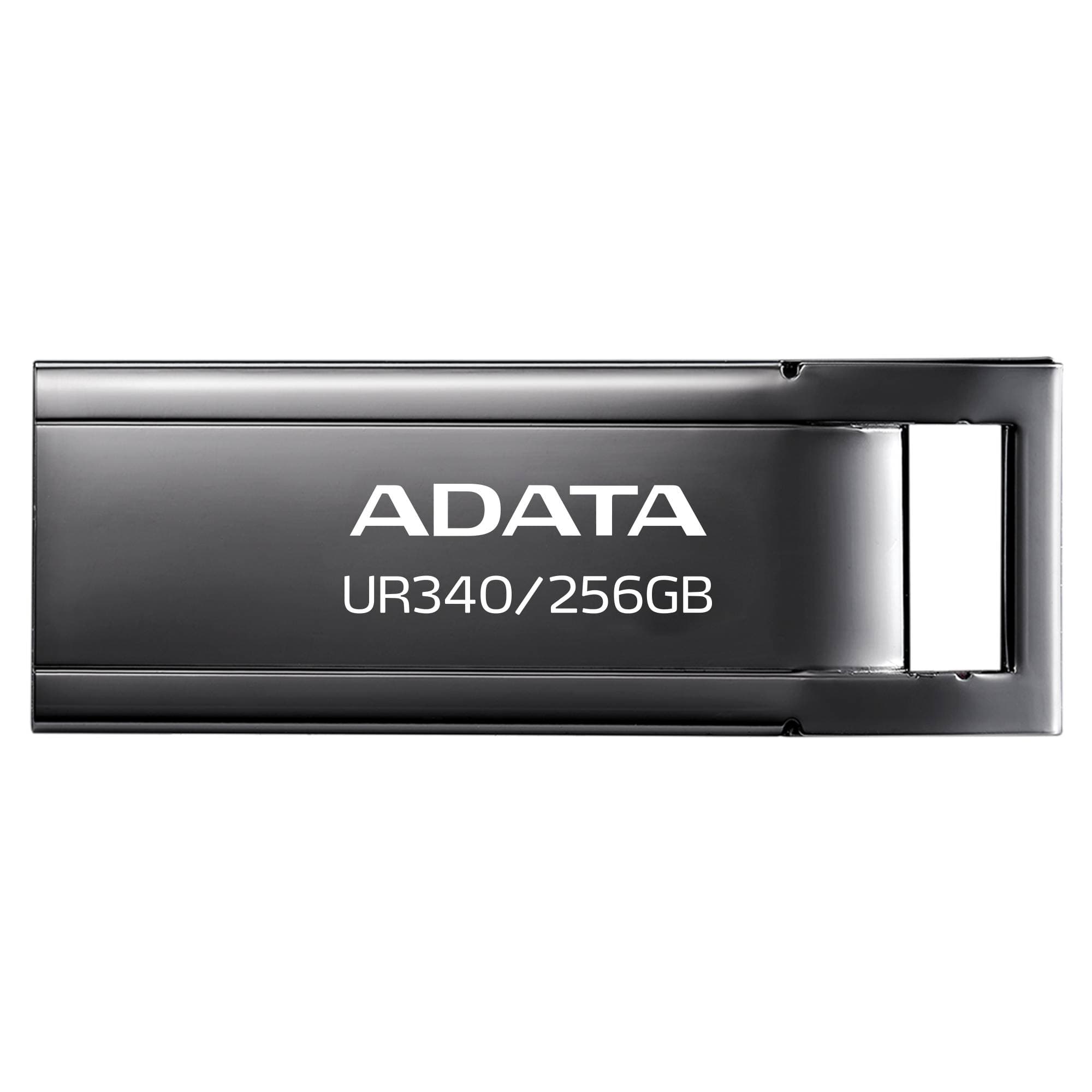 ADATA Memoria USB de 256GB UR340 3.2 Gen 1 (retrocompatible 3.0 y 2.0), diseño elegante sin tapa. Color Metálico negro. AROY-UR340-256GBK