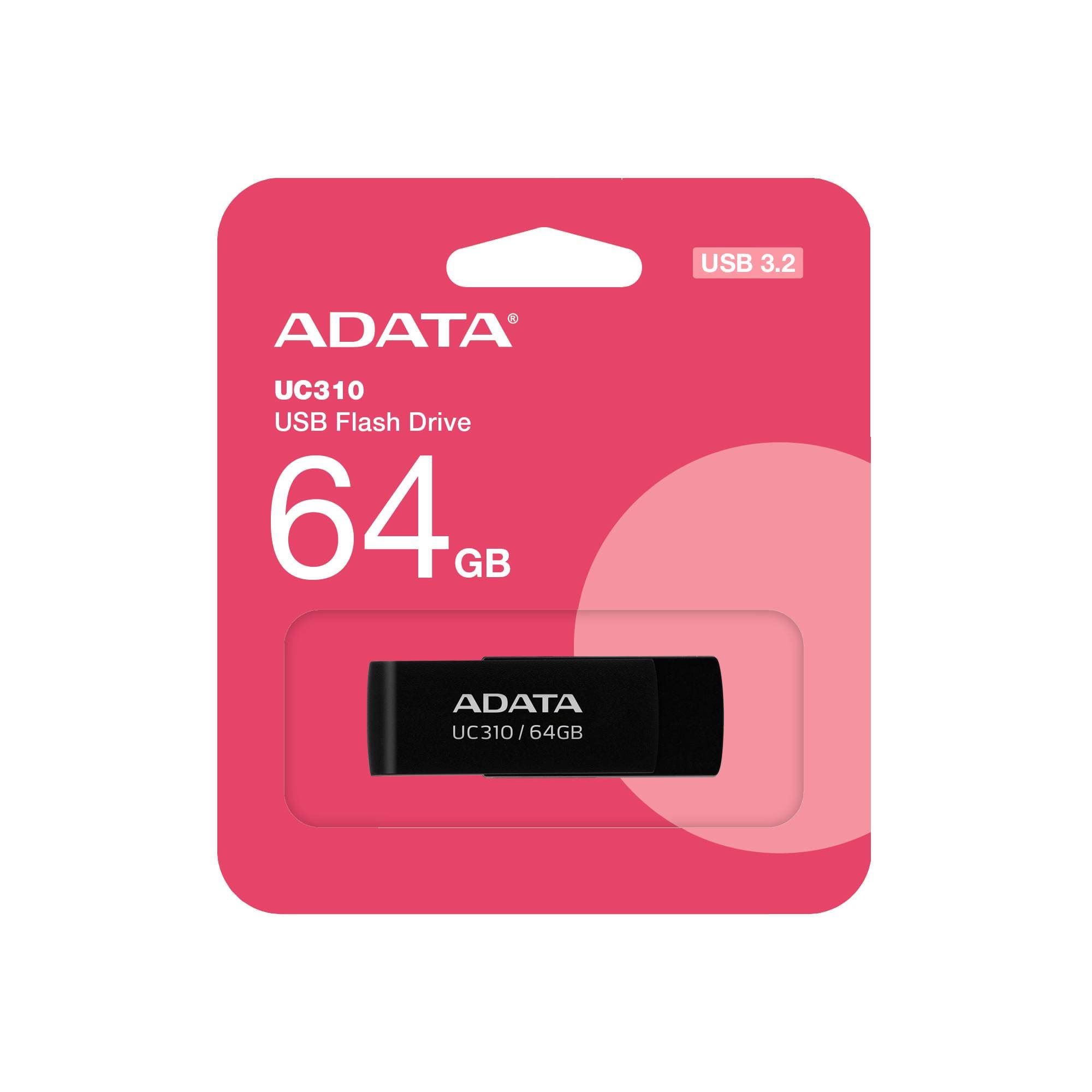 ADATA Memoria USB de 64GB UR310 3.2 Gen 1 (retro compatible 3.0 y 2.0), diseño material reciclado sin tapa. NEGRO. UC310-64G-RBK