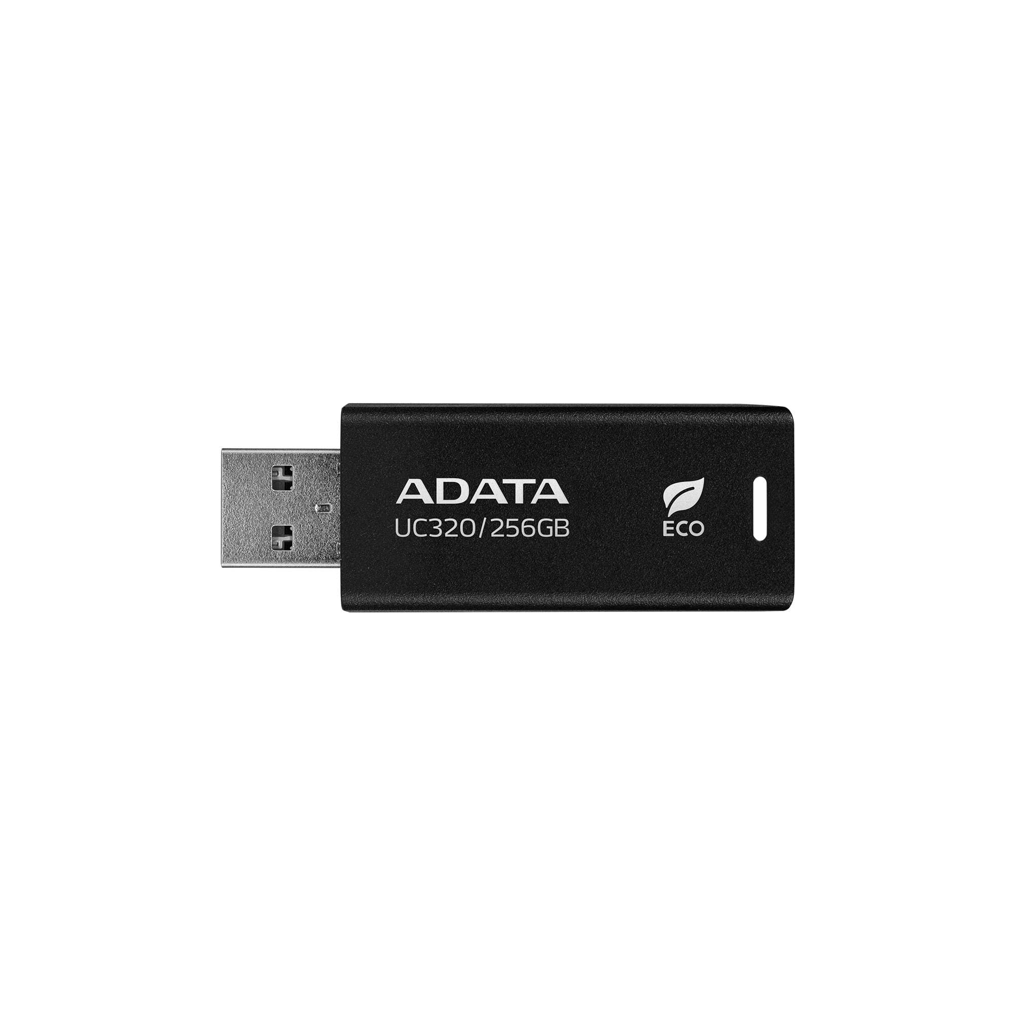 ADATA Memoria USB de 256GB UR320 3.2 Gen 1 (retro compatible 3.0 y 2.0), diseño material reciclado sin tapa. Color negro. UC320-256G-RBK/BK