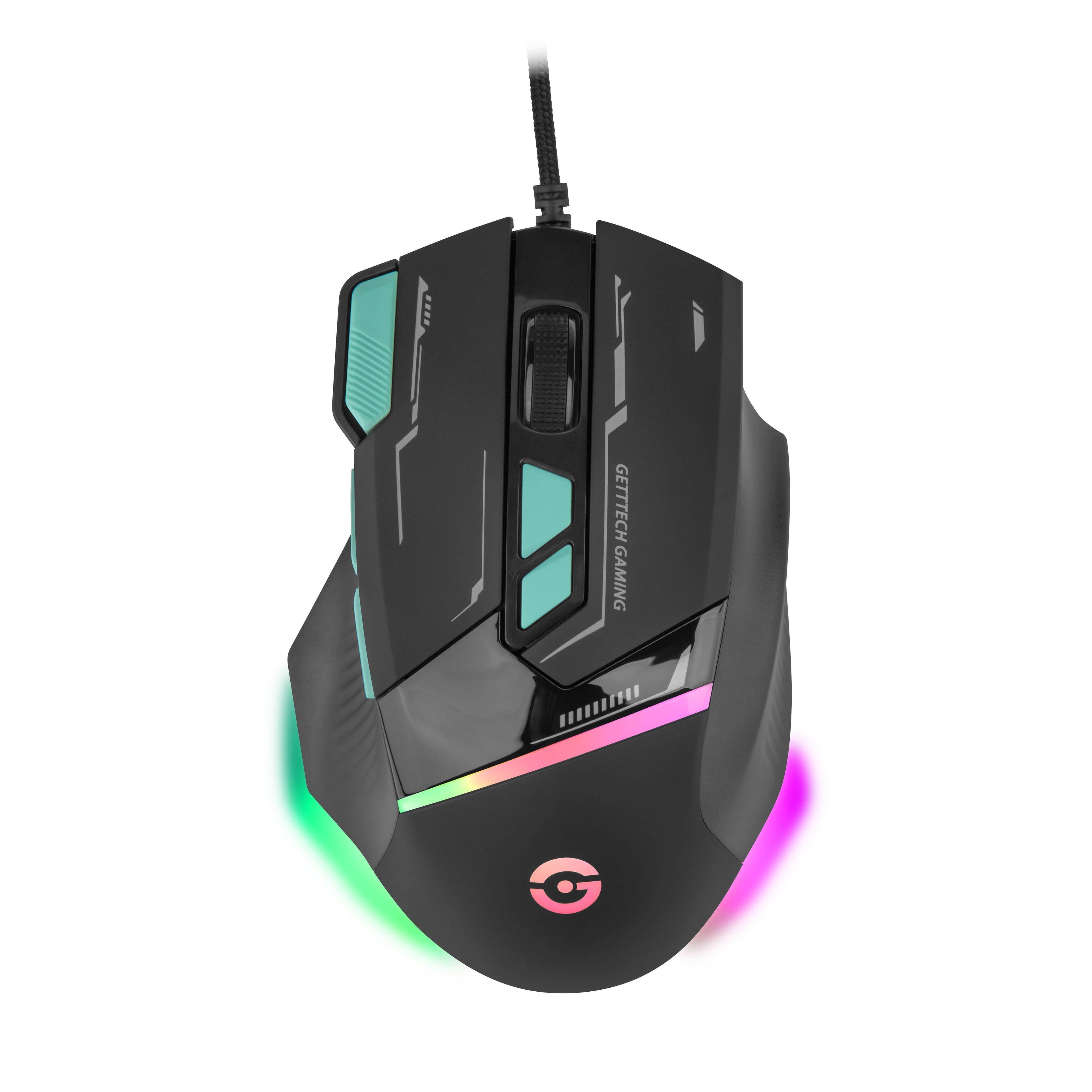 GETTTECH GETTTECH MOUSE GAMER, SENSOR 725F, ILUMINACION RGB PERSONALIZABLE, HASTA 7200 DPI, COLOR NEGRO Y AZUL, MOD. GPM-RGBWR-G1-BK