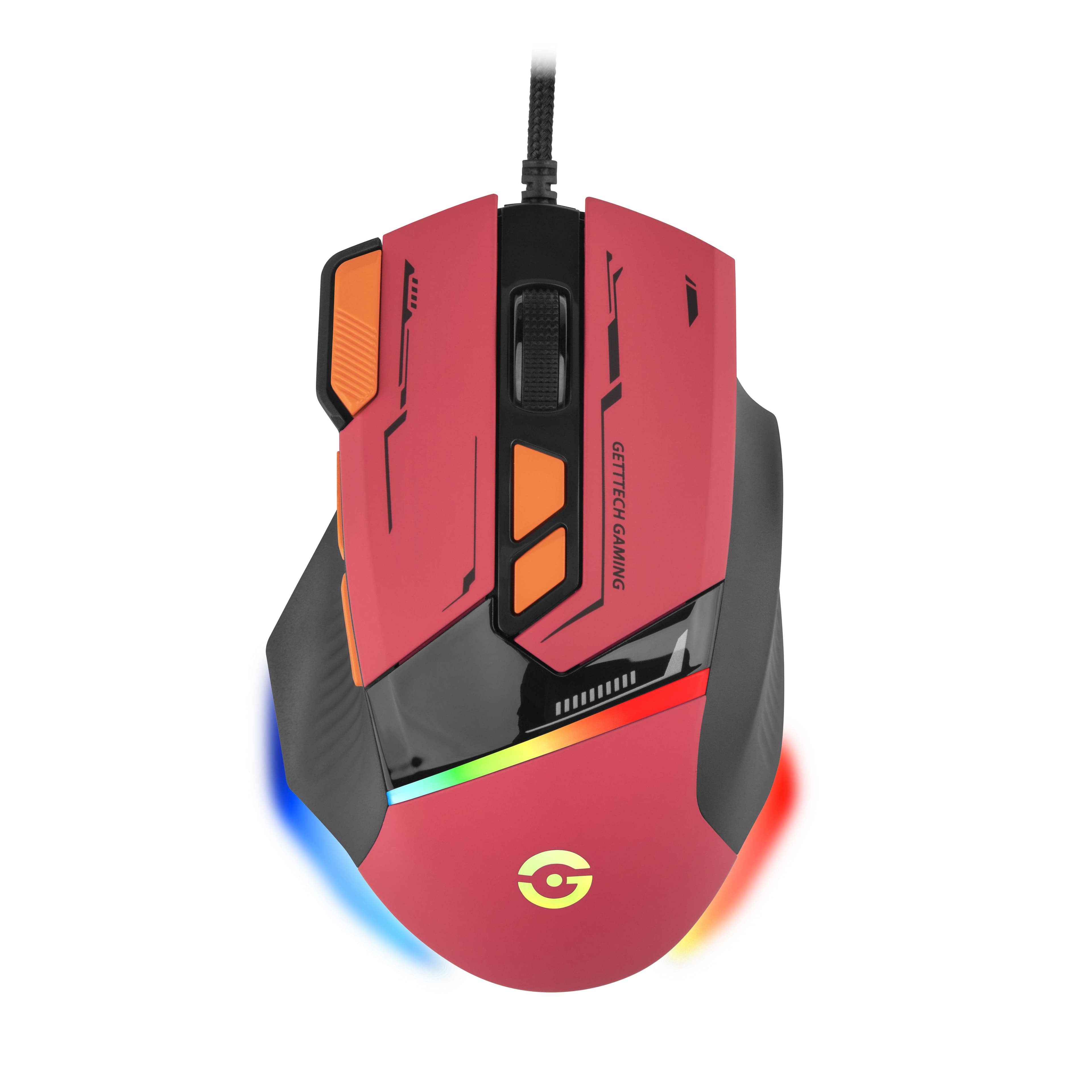 GETTTECH GETTTECH MOUSE GAMER, SENSOR 725F, ILUMINACION RGB PERSONALIZABLE, HASTA 7200 DPI, COLOR ROJO NARANJA, MOD. GPM-RGBWR-G1-RD