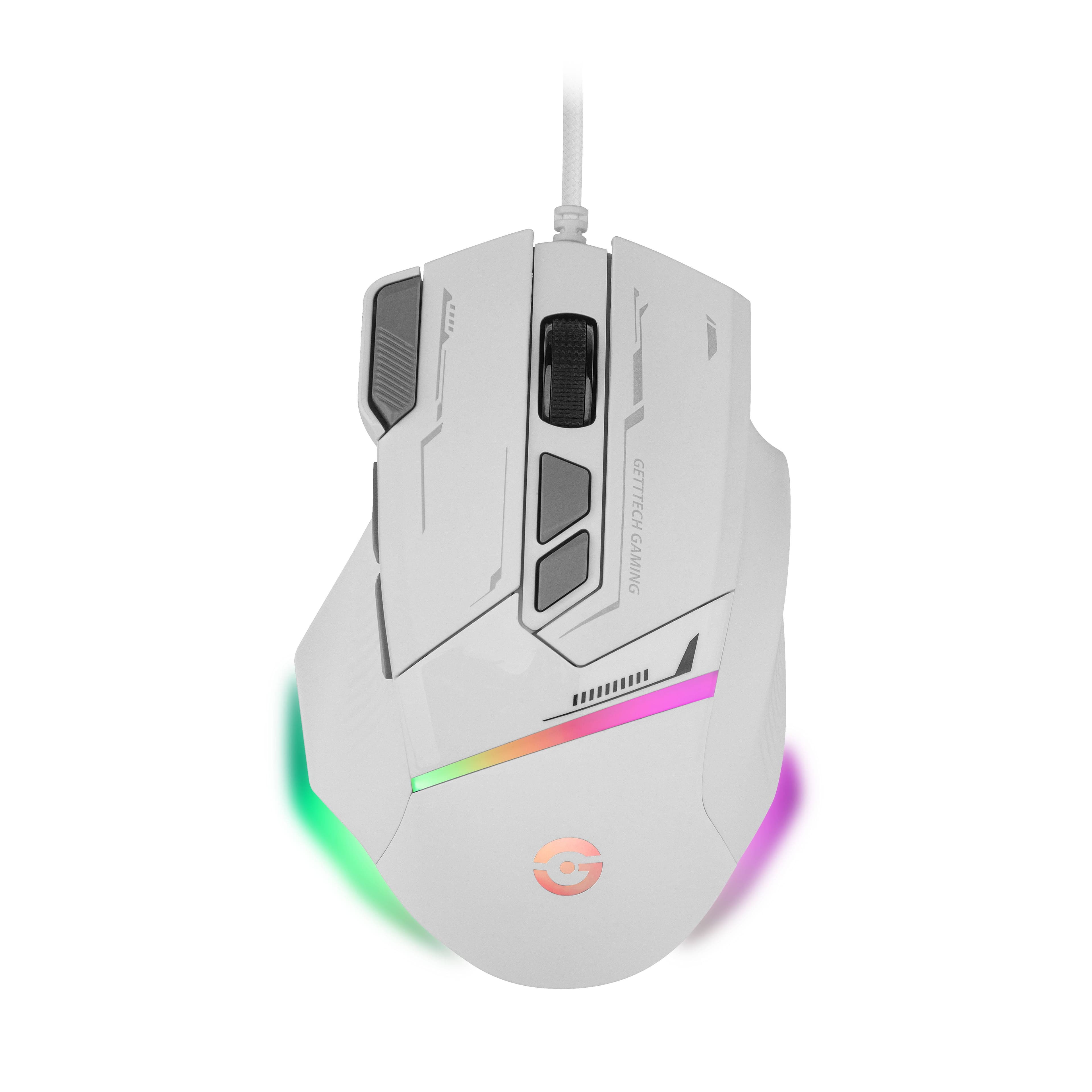 GETTTECH GETTTECH MOUSE GAMER, SENSOR 725F, ILUMINACION RGB PERSONALIZABLE, HASTA 7200 DPI, COLOR BLANCO YGRIS, MOD. GPM-RGBWR-G1-WH