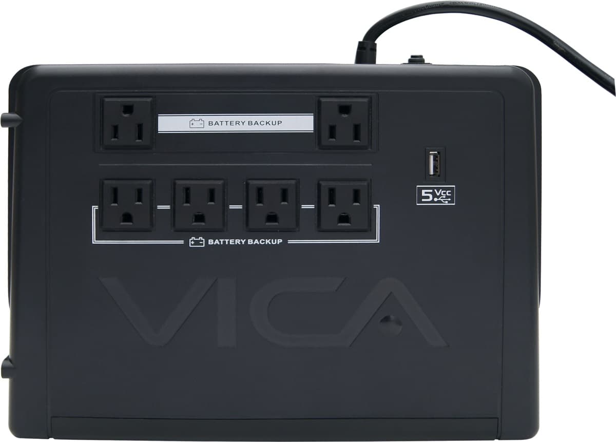 VICA No Break interactivo REV 900, 900VA/500W, 6 NEMA 5-15R proetgidos, entrada 127VCA 60Hz, salida 110/120VCA, pantalla LCD, 1 puerto USB para recarga