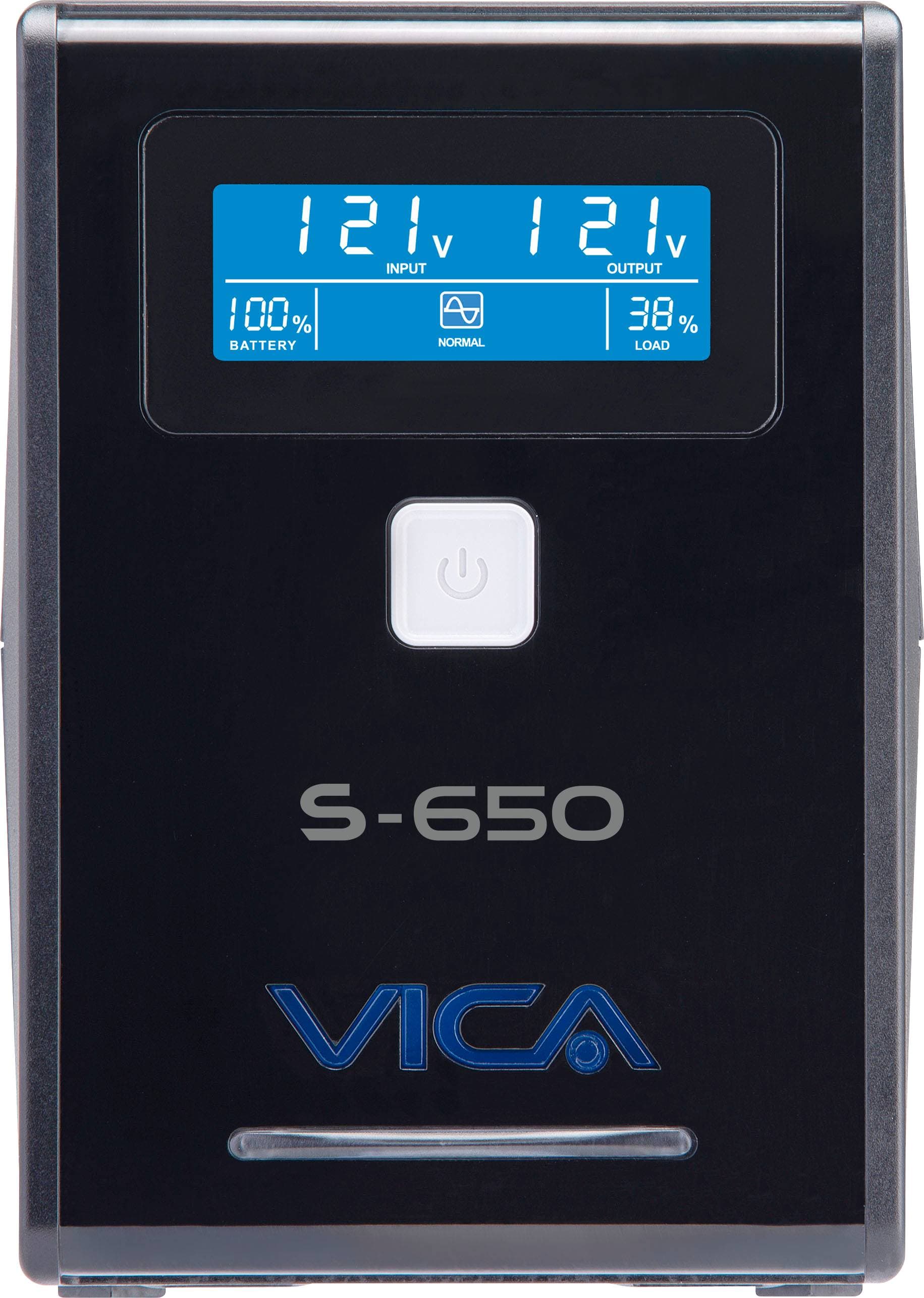 VICA No break interactivo S650, 650VA/360W, entrada 127VCA 60 Hz, salida 120VCA, 4 tomas reguladas/4 reguladas y respaldadas, pantalla LCD,breaker termico