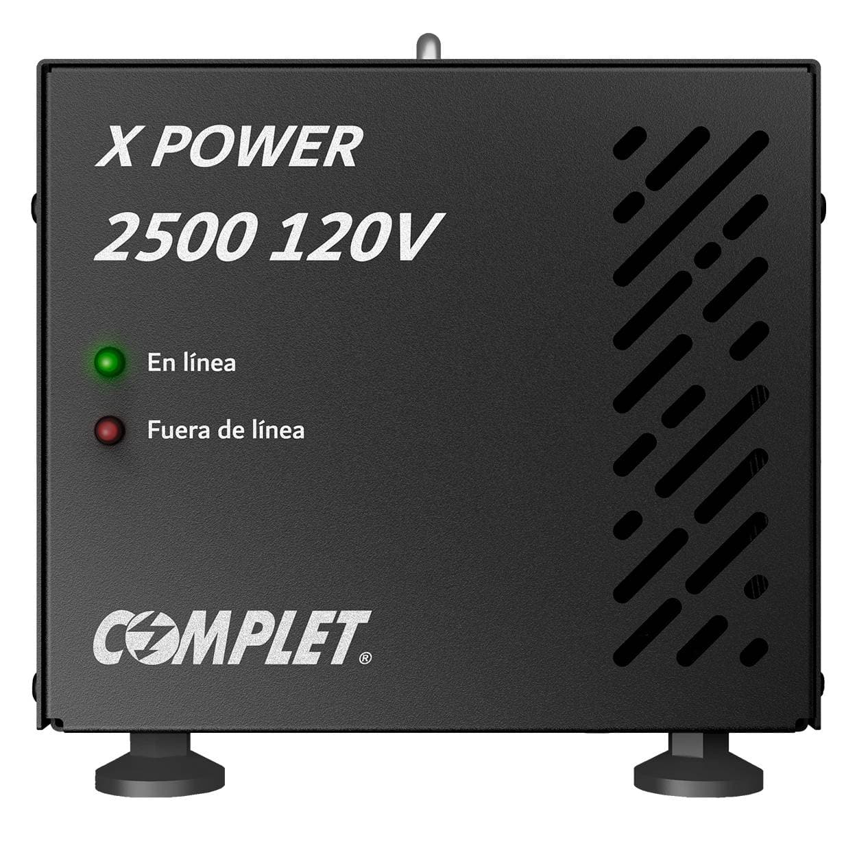 COMPLET Regulador de Voltaje COMPLET X-POWER 2500 VA/2500 W 120V . Terminales de conexión y 2 contactos NEMA 5-15R, Supresor de picos de voltaje 504 J , P/N ERV-1