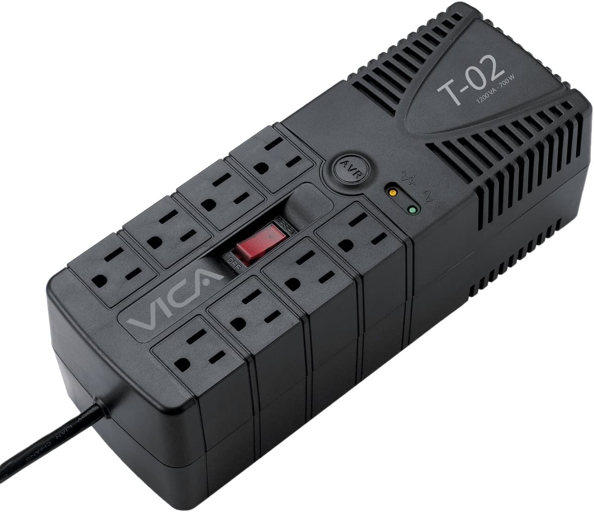 VICA Regulador VICA T-02 1200VA/700W, Voltaje 120VCA /60Hz, breaker térmico, 8 tomas protegidas, indicadores LED, puerto RJ11, empotrable en pared
