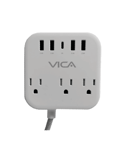 VICA Centro de carga 7P VICA para protección contra sobretensiónes, 3 tomas con supresor de picos NEMA 5-15R, 4 puertos USB-A y 1 puerto USB-C
