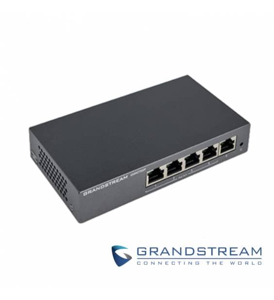 Grandstream Switch No administrable, 5 puertos Gigabit, 4 puertos PoE 802.3 af/at, 30W máximo por pto., gabinete metálico para escritorio o pared.