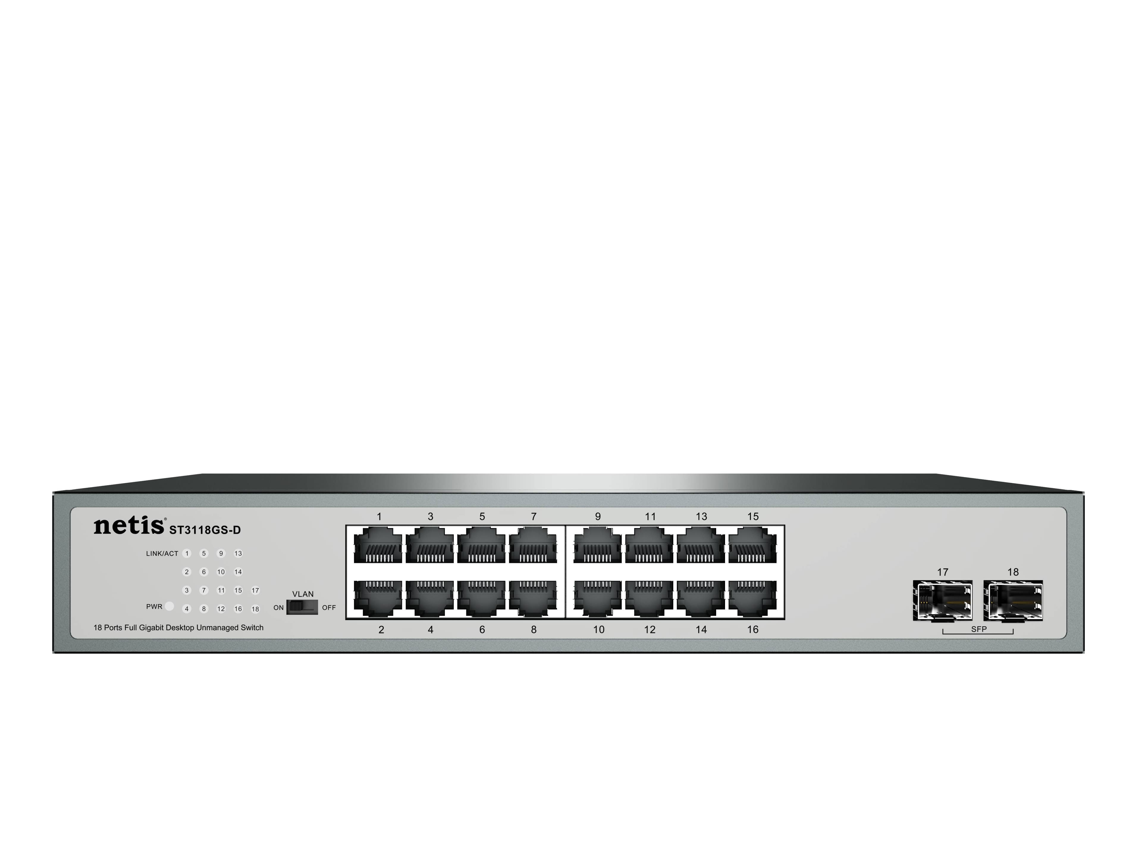 NETIS Switch NETIS modelo ST3118GS-D, 16 Puertos y 2 Puertos SFP Gigabit, montable en rack, No administrable