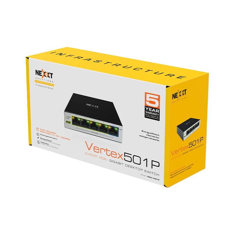 NEXXT Switch Nexxt Professional PoE+ Gigabit de 5 puertos, 10/100/1000, 65 W máx.