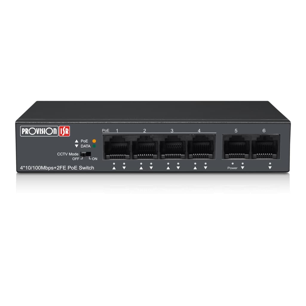 PROVISION-ISR Switch PoE de 4 canales, Total power 60W, en modo CCTV puedes conectar cámaras IP hasta 250 mts