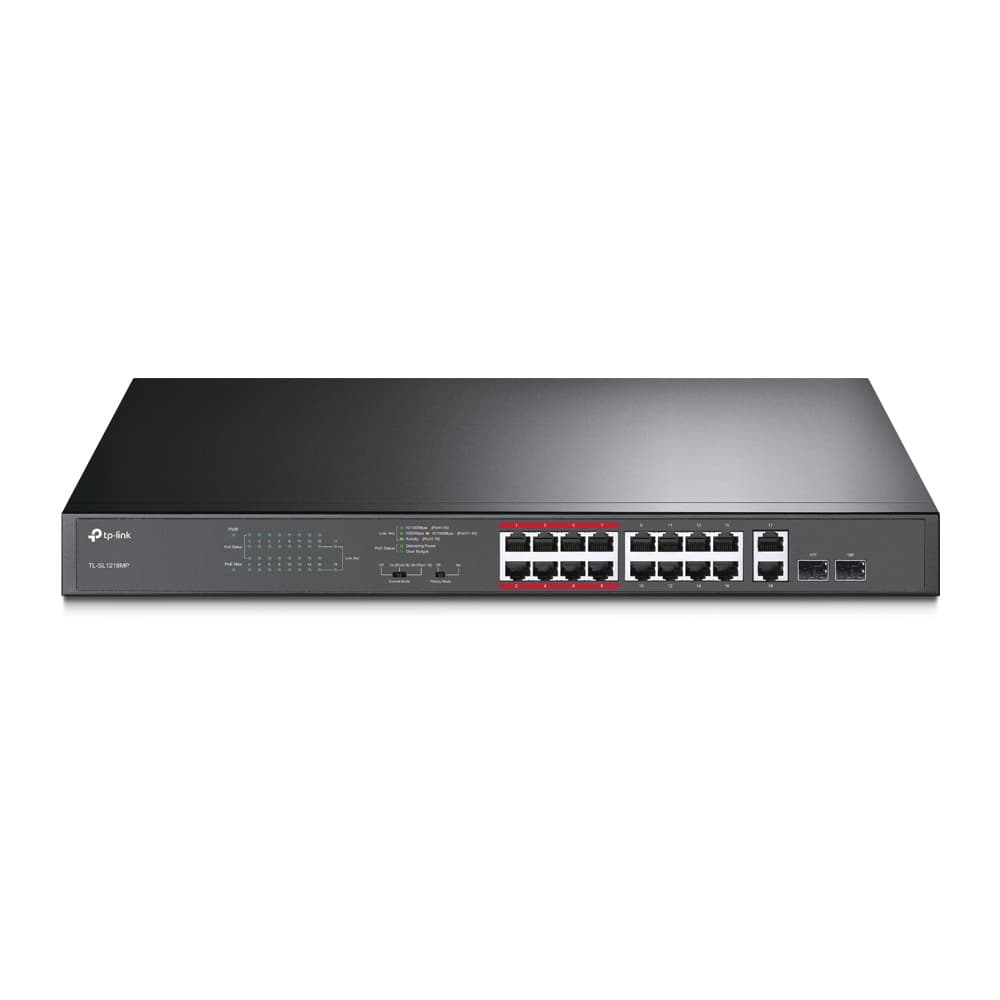TP-LINK SWITCH POE TP-LINK TL-SL1218MP, 10/100Mbps + 2 Gigabit, Negro, 18,7W, 16 puertos