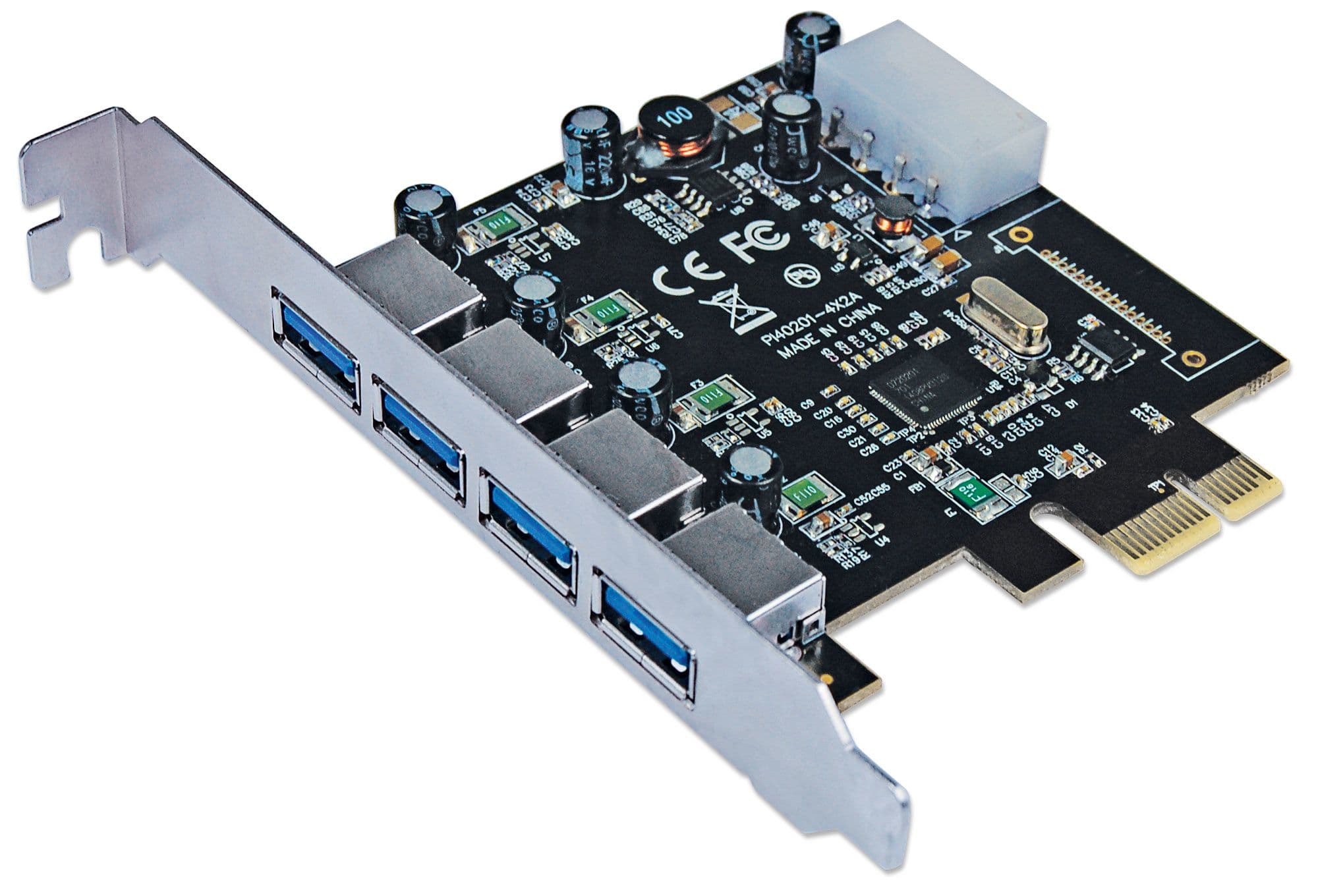 MANHATTAN 152891 Tarjeta PCI express USB 3.0 de 4 puertos, soporte de perfil estándar, añade cuatro puertos alineados SuperSpeed USB externos.