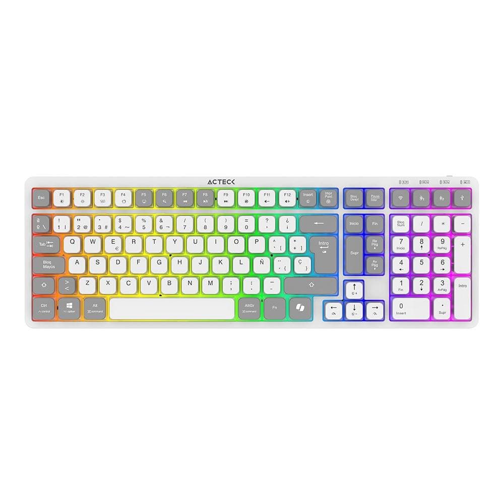 ACTECK Teclado Inalámbrico RGB Techno PRO TI790 Acteck Elite Series Iluminación RGB, Teclado Multidispositivo Inalámbrico, Dongle 2.4Mhz, Bluetooth, Cable 1.8m