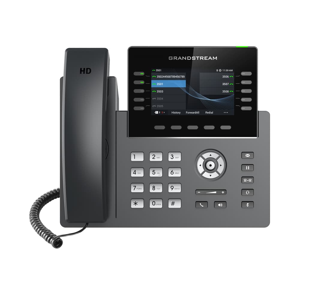 Grandstream Teléfono IP grado operador de 10 líneas con 5 cuentas SIP, WiFi, Dos pantallas LCD, Bluetooth, GDMS, Gigabit con Poe