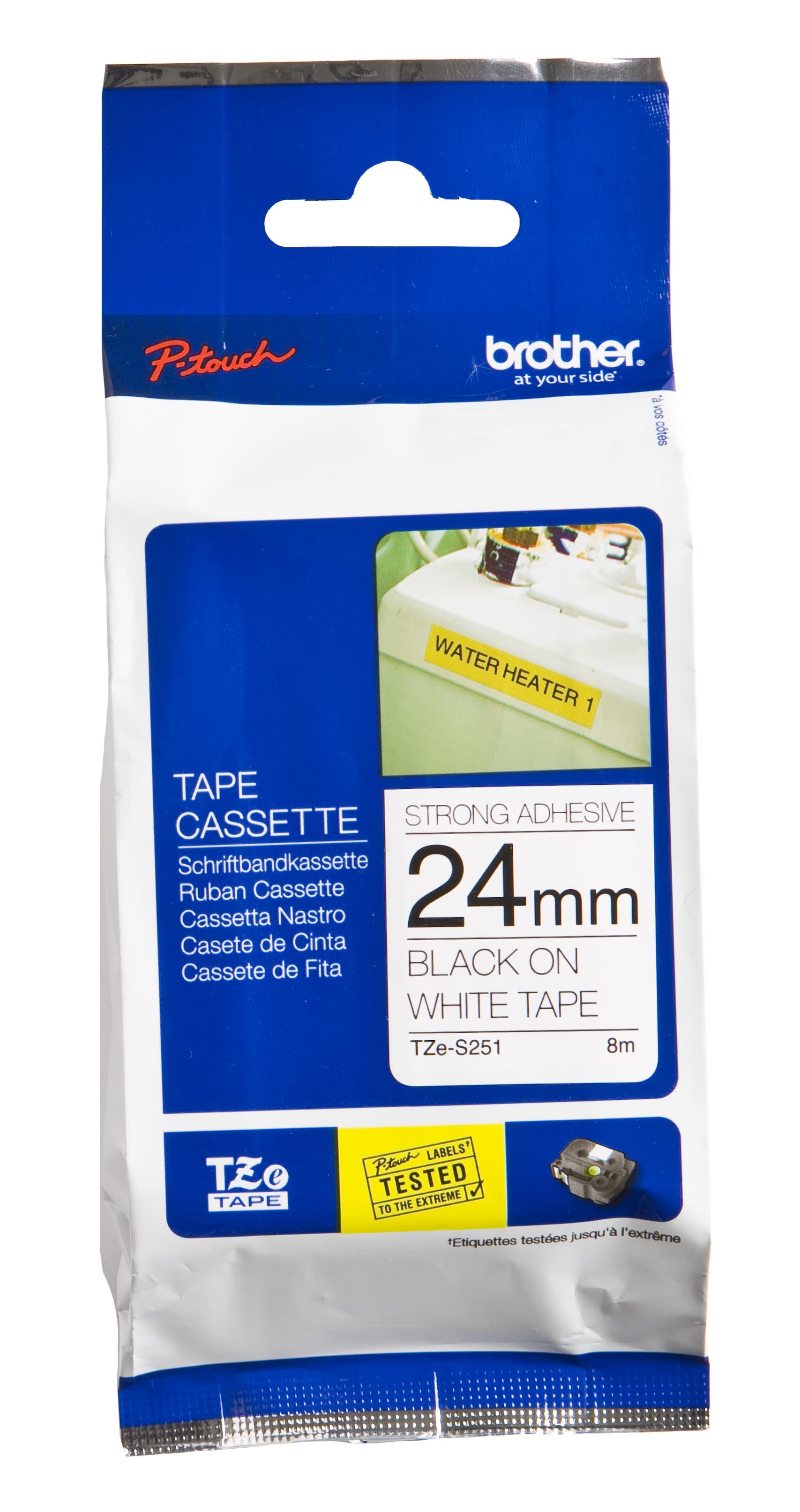 BROTHER Etiqueta blanca continua laminada con adhesivo super resistente Brother TZES251, de 24 mm de ancho x 8 mts de largo. Impresión en negro.